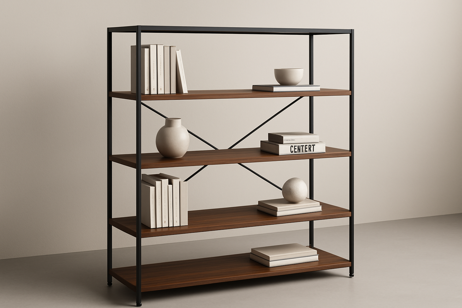 Modern furniture built for daily use. Balanced proportions, durable materials, and easy maintenance for a clean home setup.

Materials: Powder‑coated steel frame, veneer shelves
Care: Wipe clean; do not overload shelves
Ideal use: Books, decor display
Anti‑tip wall strap included
Adjustable feet
Cross‑brace for rigidity

Walnut Colour