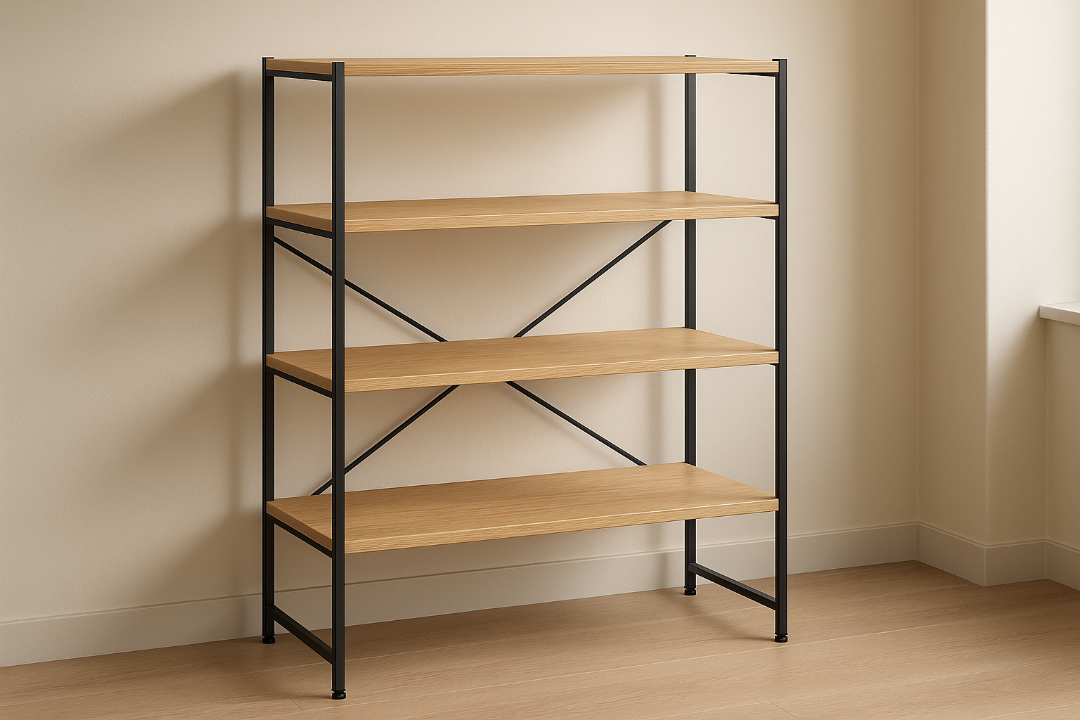 Modern furniture built for daily use. Balanced proportions, durable materials, and easy maintenance for a clean home setup.

Materials: Powder‑coated steel frame, veneer shelves
Care: Wipe clean; do not overload shelves
Ideal use: Books, decor display
Anti‑tip wall strap included
Adjustable feet
Cross‑brace for rigidity

Natural Oak colour