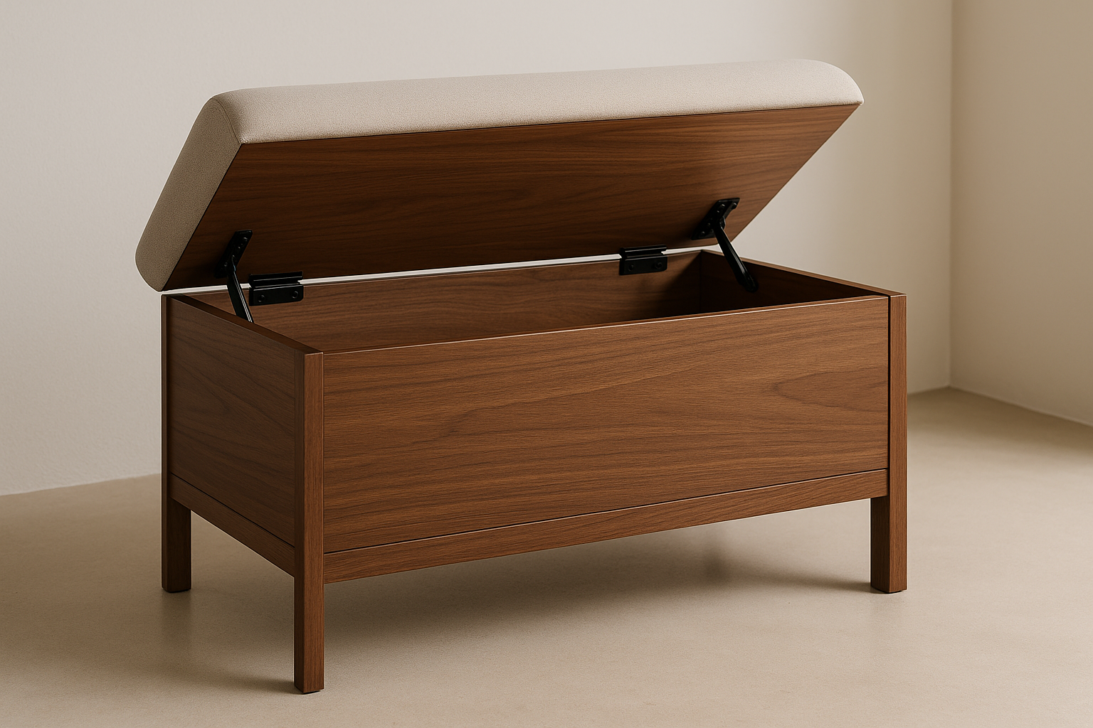 Modern furniture built for daily use. Balanced proportions, durable materials, and easy maintenance for a clean home setup.

Materials: Solid wood, plywood, fabric top
Care: Spot clean; rotate usage
Ideal use: Entryway seating, bedroom storage
Lift‑top with soft‑close hinge
Hidden compartment
Foam‑padded seat

Walnut colour