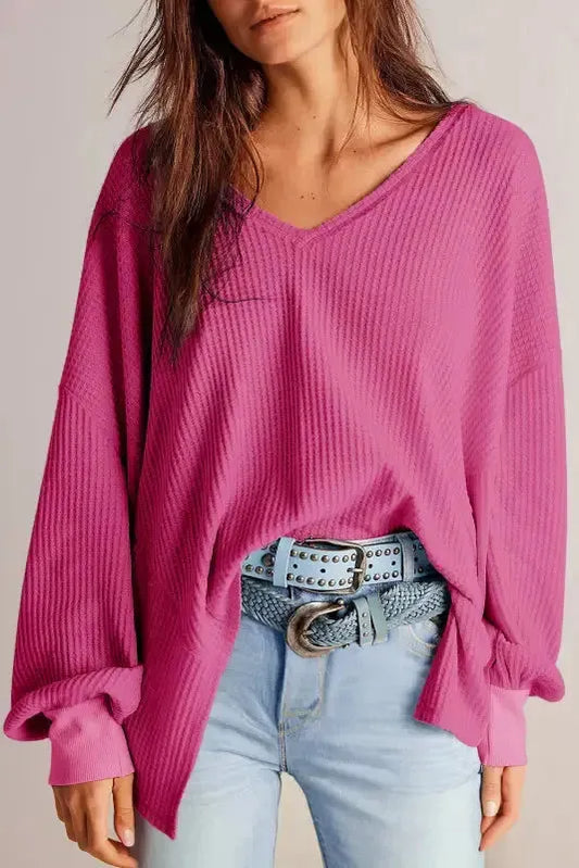 Modern Slouch Waffle Knit Blouse - Bright Pink