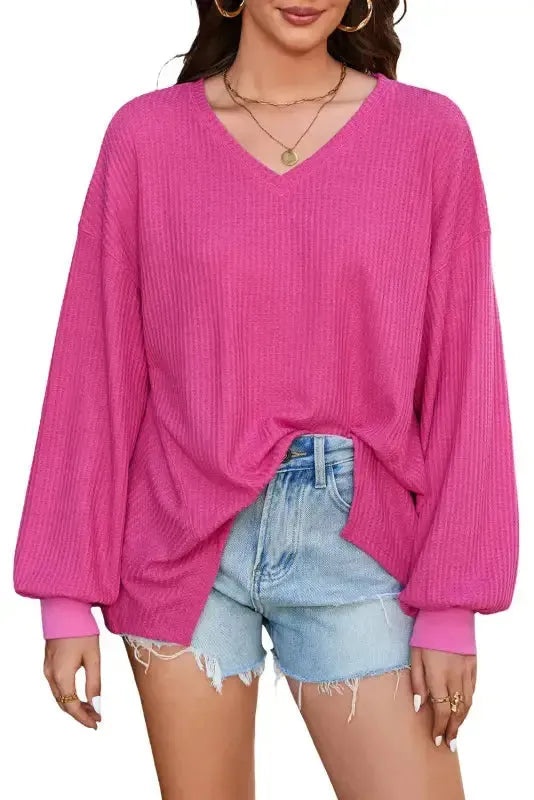 Modern Slouch Waffle Knit Blouse - Bright Pink
