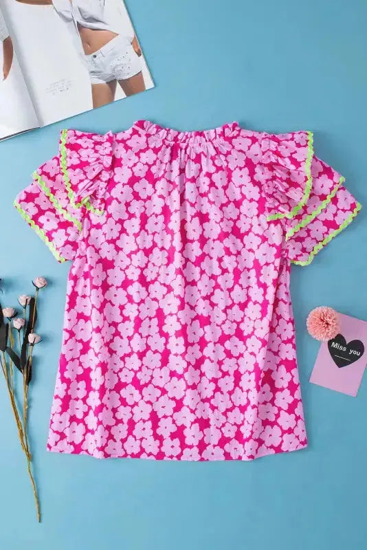 Pink Chic Blouse - Floral Layered Ruffle Sleeve