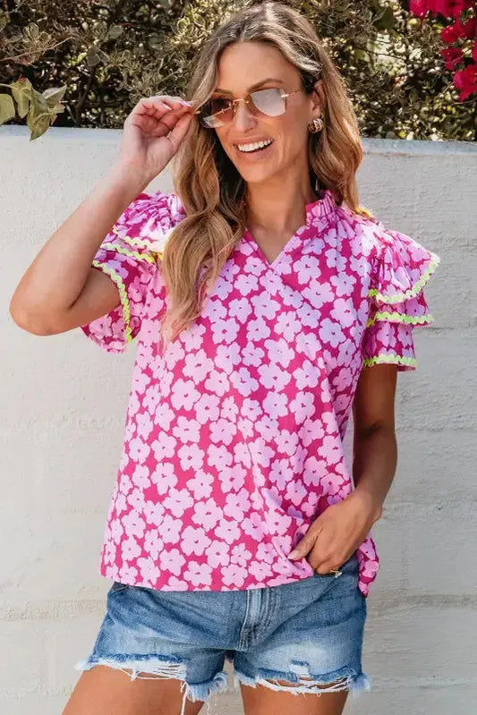 Pink Chic Blouse - Floral Layered Ruffle Sleeve