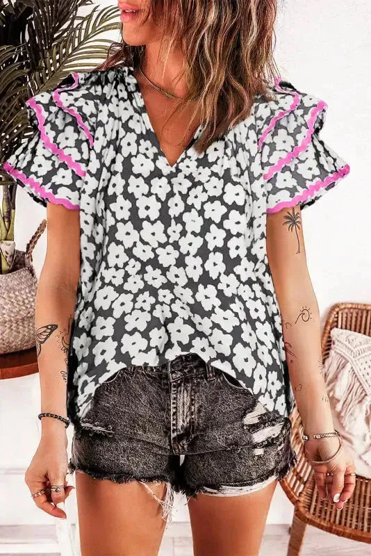 Pink Chic Blouse - Floral Layered Ruffle Sleeve