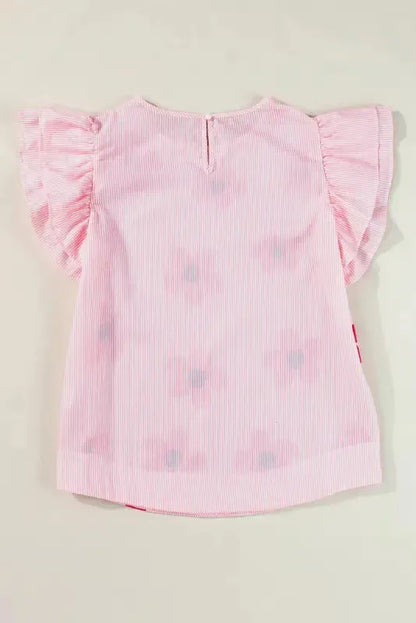 Pink Pinstripe Floral Flutter Sleeve Blouse