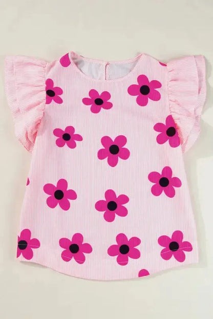 Pink Pinstripe Floral Flutter Sleeve Blouse
