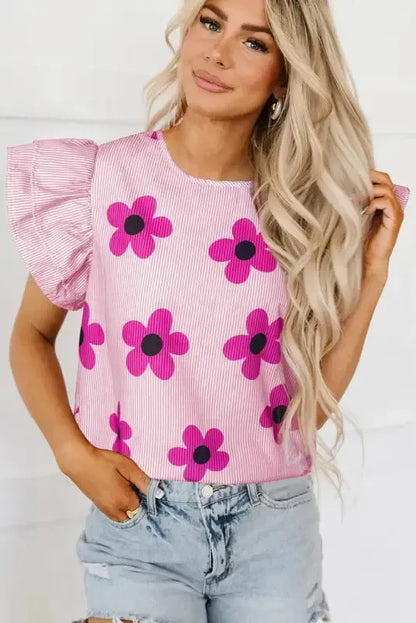Pink Pinstripe Floral Flutter Sleeve Blouse