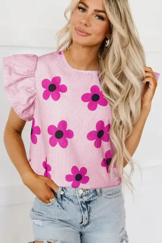 Pink Pinstripe Floral Flutter Sleeve Blouse