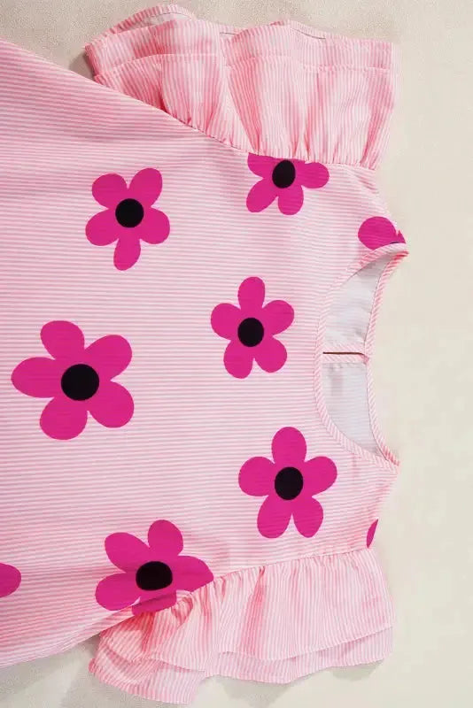 Pink Pinstripe Floral Flutter Sleeve Blouse
