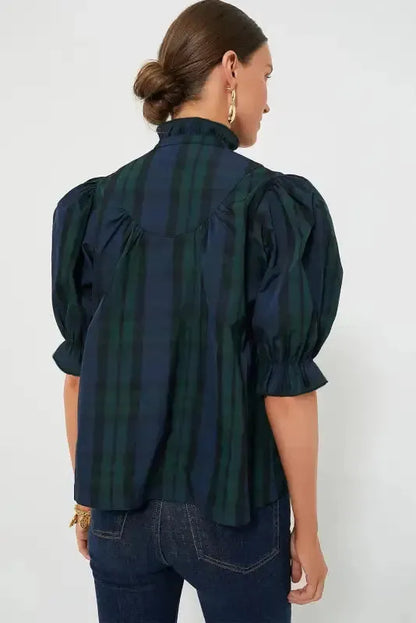 Plaid Elegant Blouse - Puff Sleeve Frilled Trim