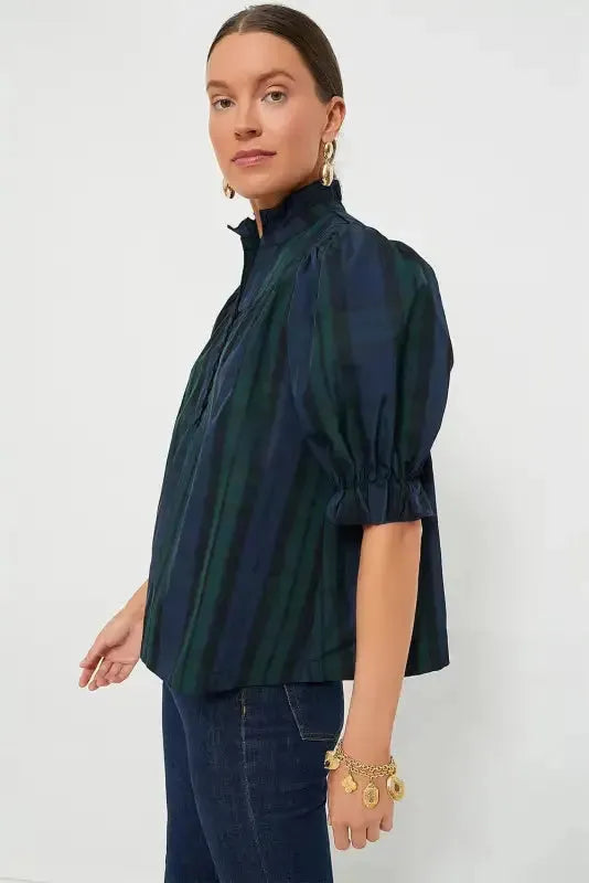 Plaid Elegant Blouse - Puff Sleeve Frilled Trim