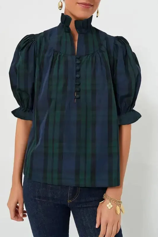 Plaid Elegant Blouse - Puff Sleeve Frilled Trim
