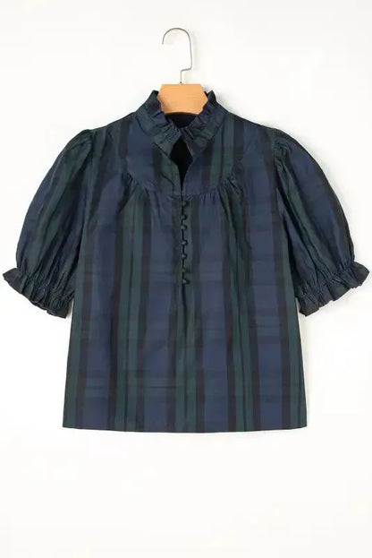 Plaid Elegant Blouse - Puff Sleeve Frilled Trim