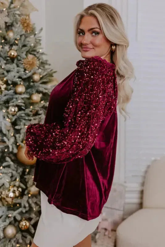 Red Dahlia Sequin Sleeve Velvet Top
