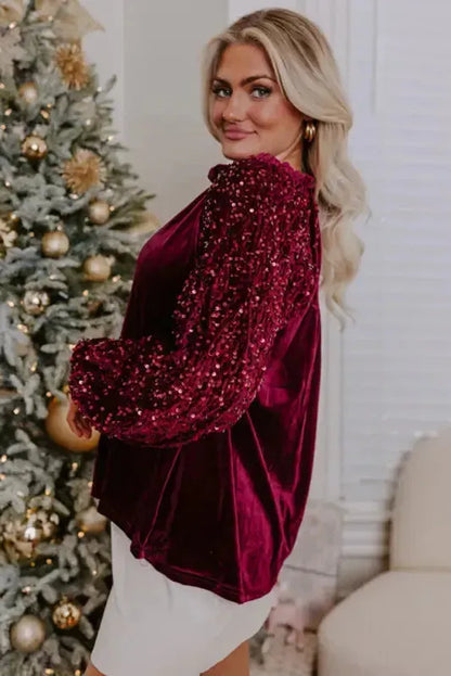 Red Dahlia Sequin Sleeve Velvet Top