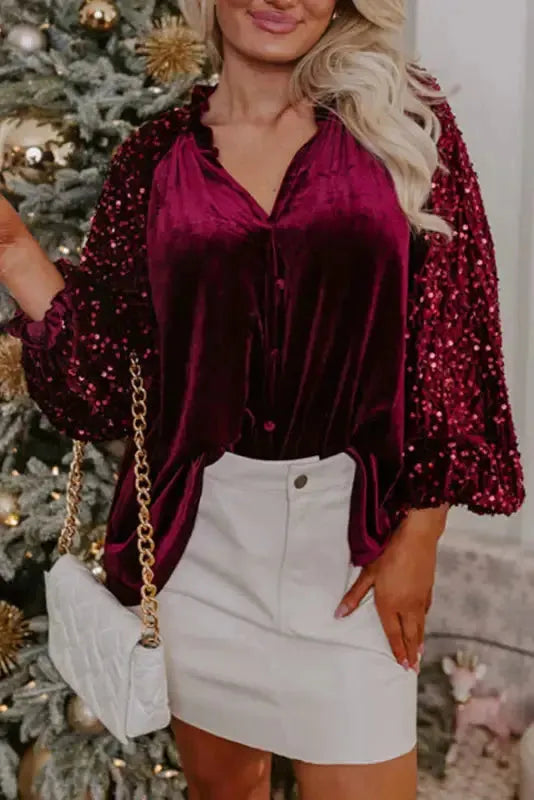 Red Dahlia Sequin Sleeve Velvet Top