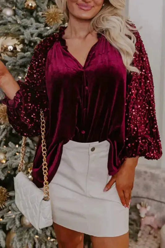 Red Dahlia Sequin Sleeve Velvet Top