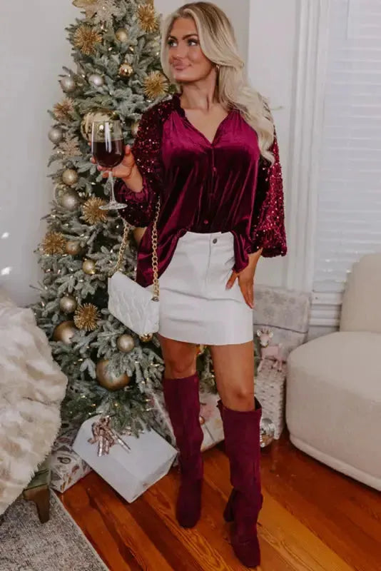 Red Dahlia Sequin Sleeve Velvet Top