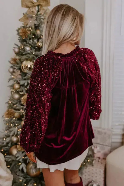 Red Dahlia Sequin Sleeve Velvet Top