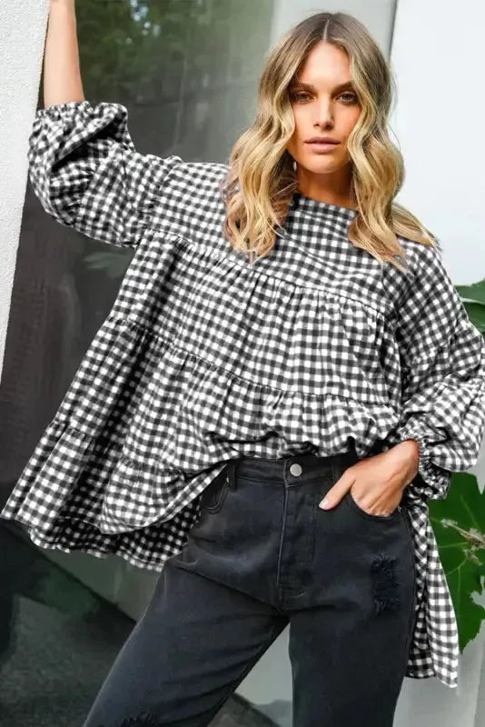 Retro Checkered Babydoll Blouse