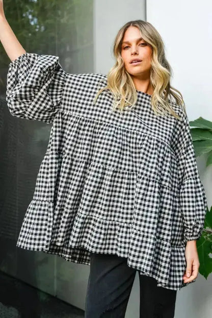 Retro Checkered Babydoll Blouse