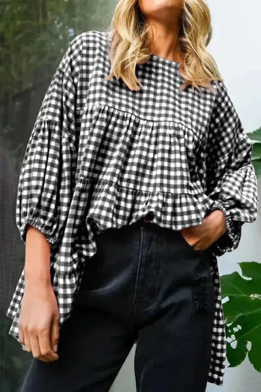 Retro Checkered Babydoll Blouse