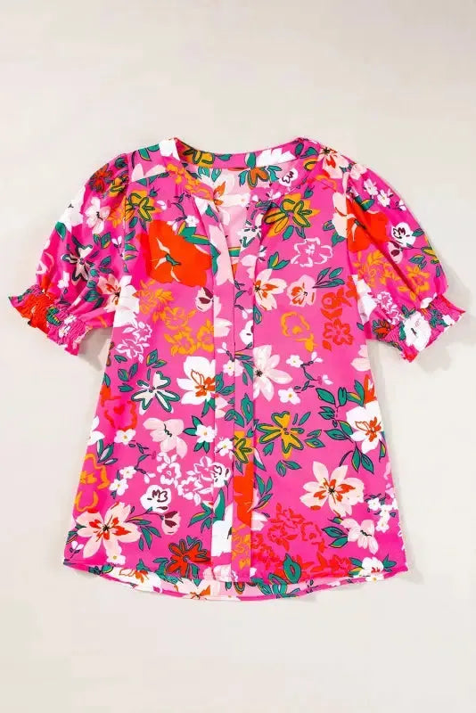 Rose Floral Blouse - Split V-Neck Puff Sleeve