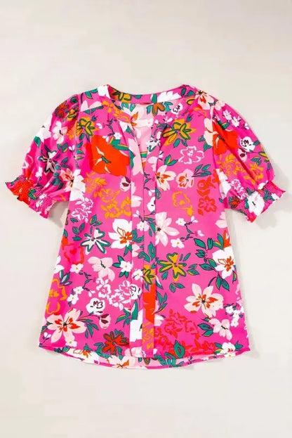 Rose Floral Blouse - Split V-Neck Puff Sleeve
