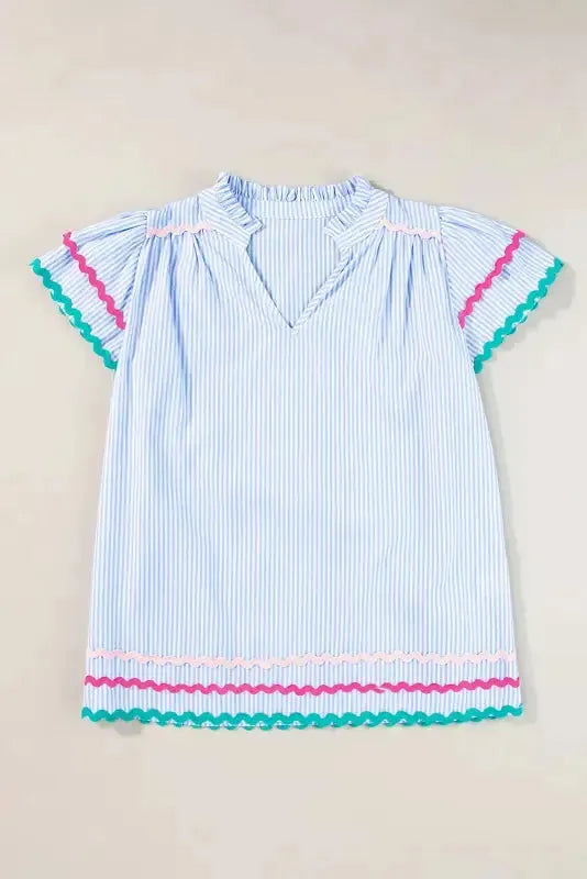 Sky Blue Stripe Ruffled Sleeve Blouse