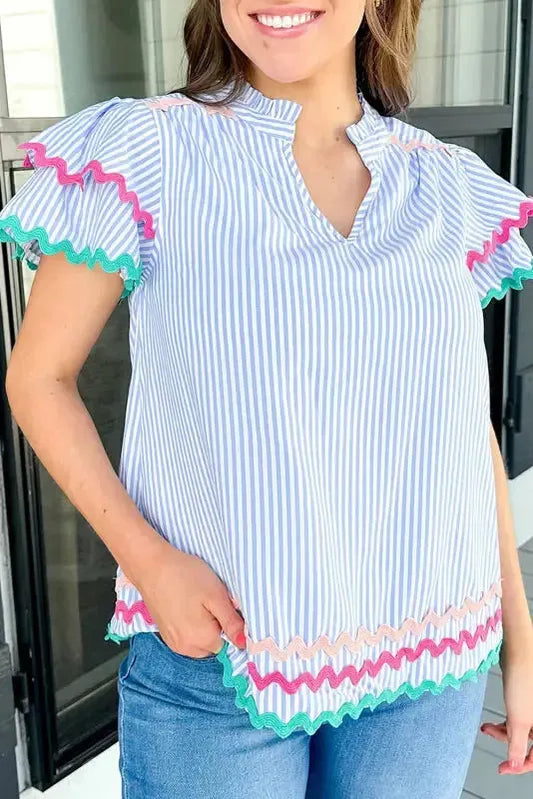 Sky Blue Stripe Ruffled Sleeve Blouse