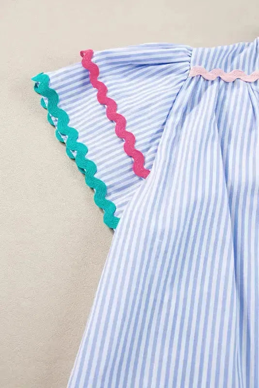 Sky Blue Stripe Ruffled Sleeve Blouse