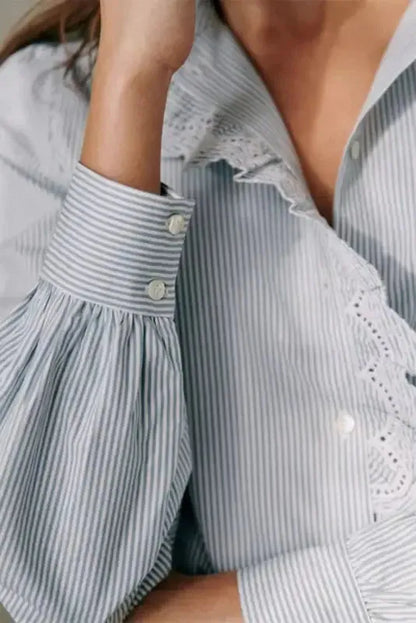 Sky Blue Striped Frill-Trim Shirt