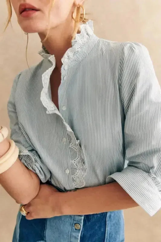 Sky Blue Striped Frill-Trim Shirt