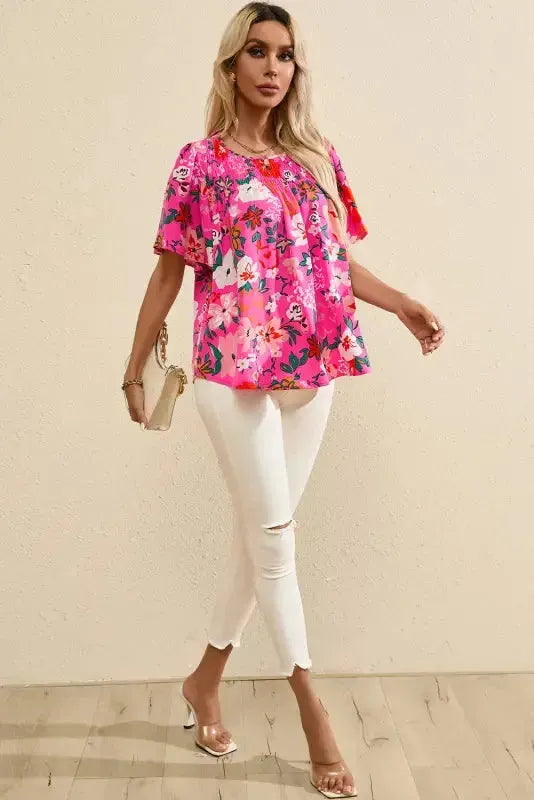 Smocked Blouse - Pink Floral Short Sleeve