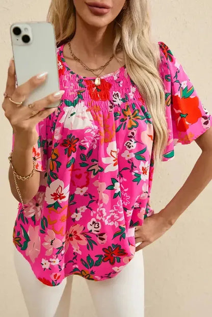 Smocked Blouse - Pink Floral Short Sleeve