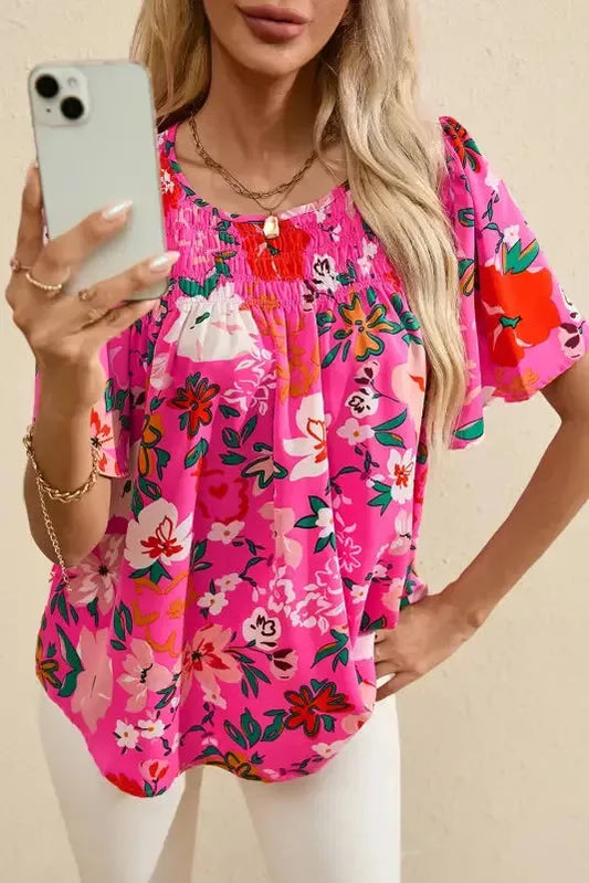 Smocked Blouse - Pink Floral Short Sleeve