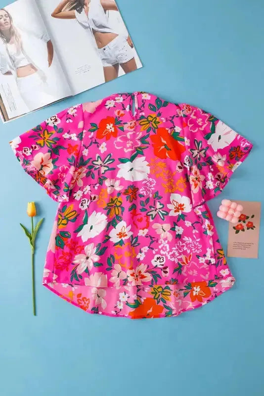 Smocked Blouse - Pink Floral Short Sleeve