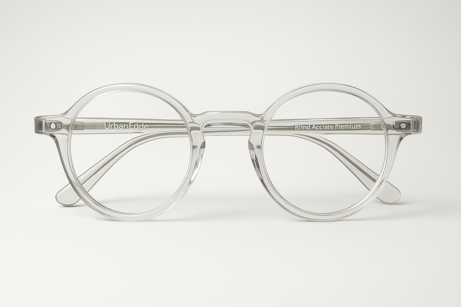 Studio product photo of UrbanEdge Round Acetate Premium eyeglasses in transparent clear acetate, perfectly round minimalist frame with stainless steel hinge accents. Displayed on neutral white background with soft studio lighting. Emphasize frame transparency, lens refraction, and precision craftsmanship. Ultra-detailed, photorealistic e-commerce image, --ar 1:1 --v 6 --style raw Clear color