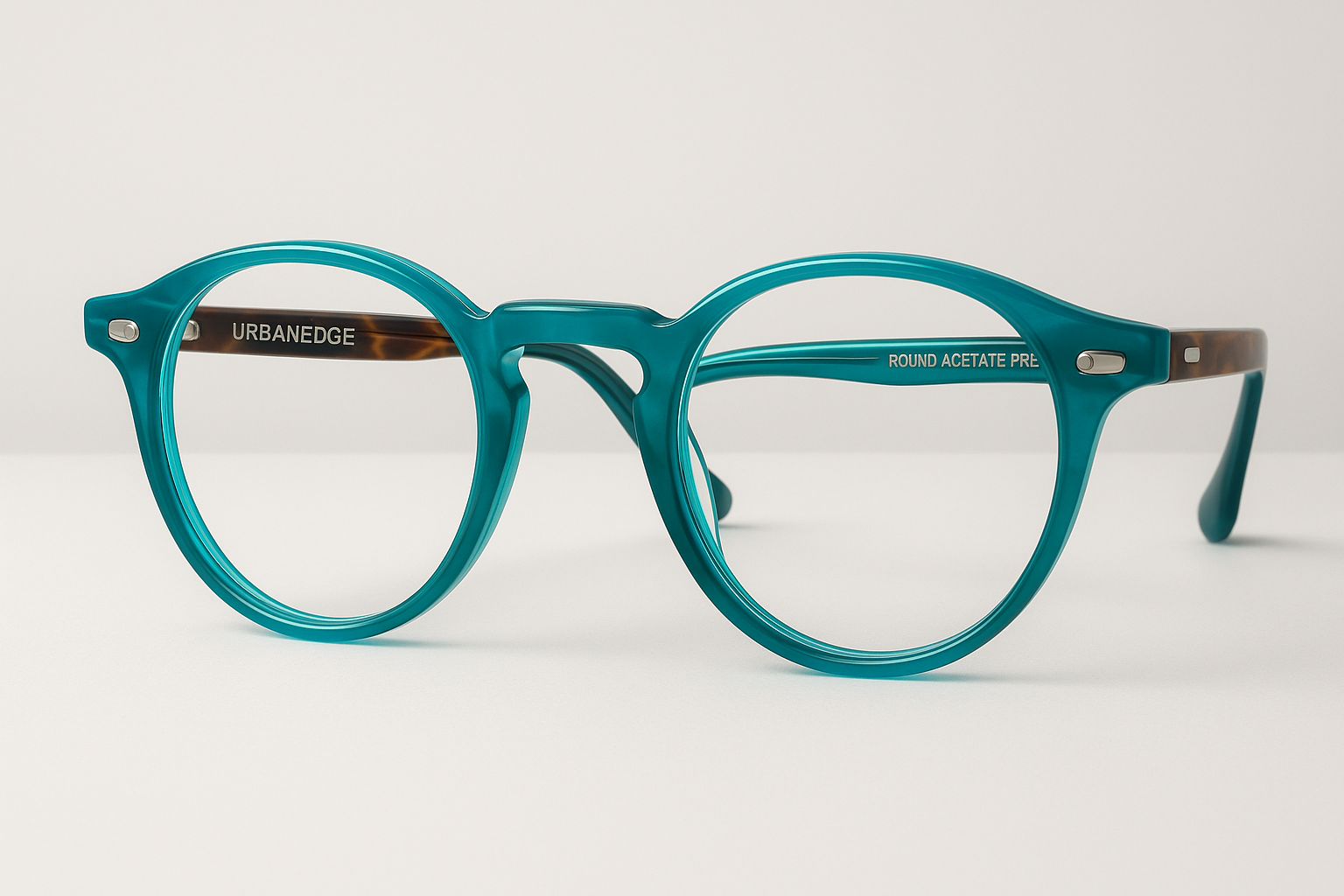 Studio product photo of UrbanEdge Round Acetate Premium eyeglasses in vibrant turquoise acetate, round frame with polished texture and stainless steel detailing. Displayed on matte white background under diffused soft lighting. Showcase color vibrancy, curved silhouette, and optical lens clarity. High-resolution, realistic e-commerce composition, --ar 1:1 --v 6 --style raw Tortoise Color