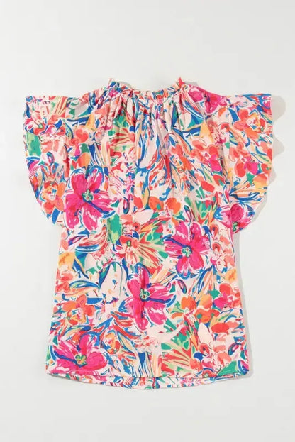 Summer Blouse - Floral Ruffled Sleeve V Neck