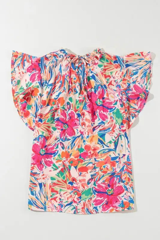 Summer Blouse - Floral Ruffled Sleeve V Neck