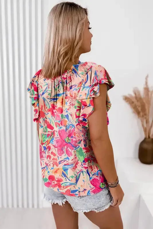 Summer Blouse - Floral Ruffled Sleeve V Neck