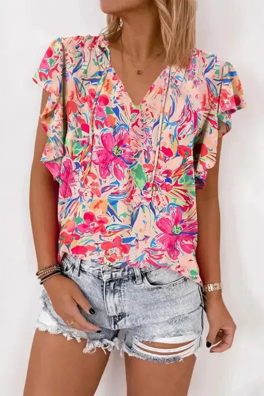 Summer Blouse - Floral Ruffled Sleeve V Neck