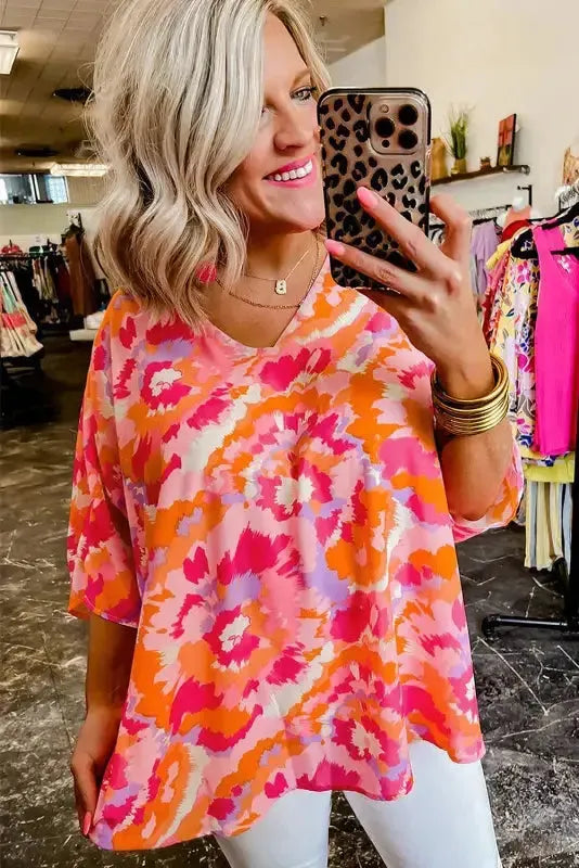 Summer Blouse - Rose Red Abstract Print V Neck