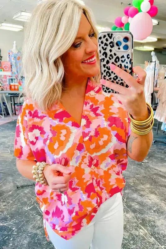 Summer Blouse - Rose Red Abstract Print V Neck