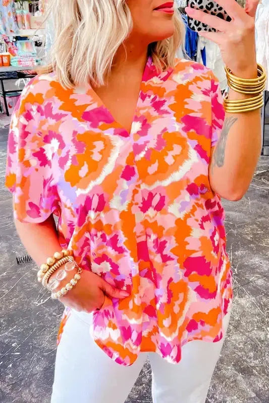 Summer Blouse - Rose Red Abstract Print V Neck