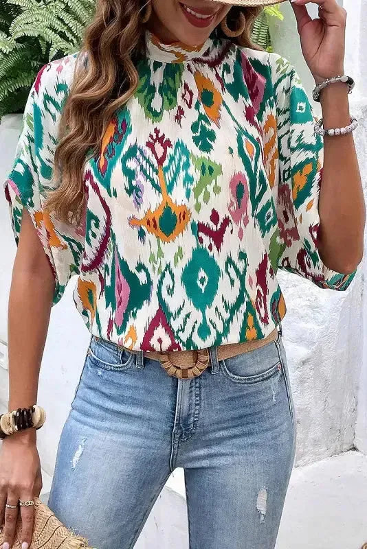 Western Blouse - High Neck Bat Sleeve
