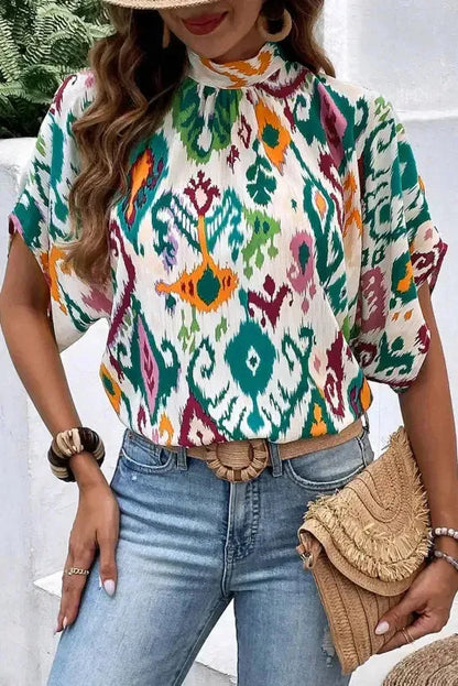 Western Blouse - High Neck Bat Sleeve