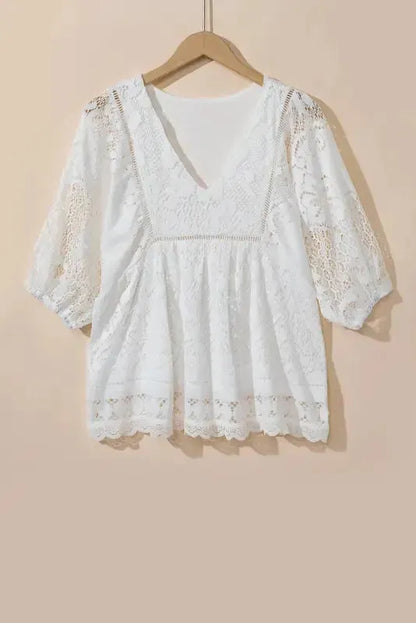 White Blouse - Lace Crochet V-Neck