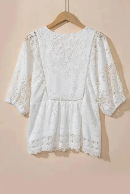 White Blouse - Lace Crochet V-Neck